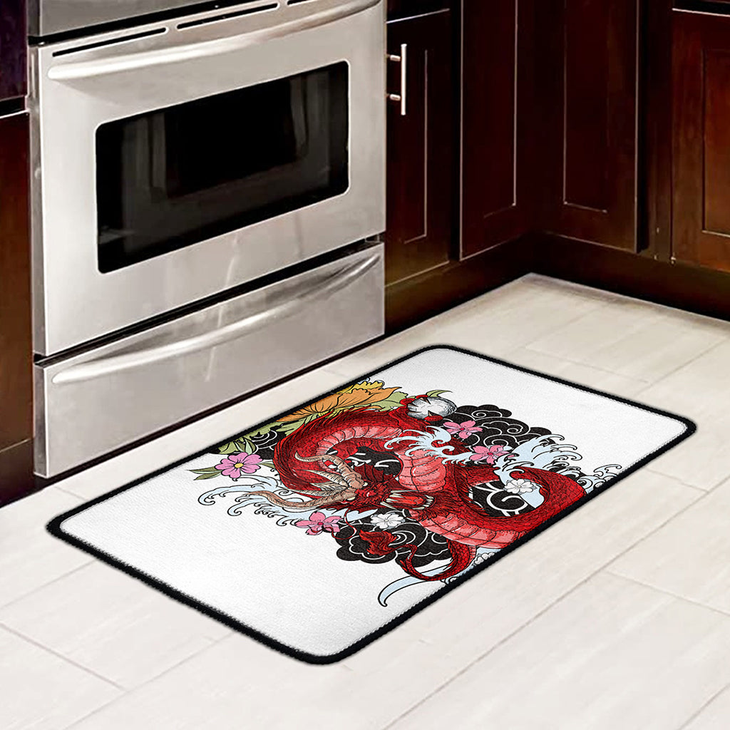 Red Japanese Dragon Tattoo Print Kitchen Mat
