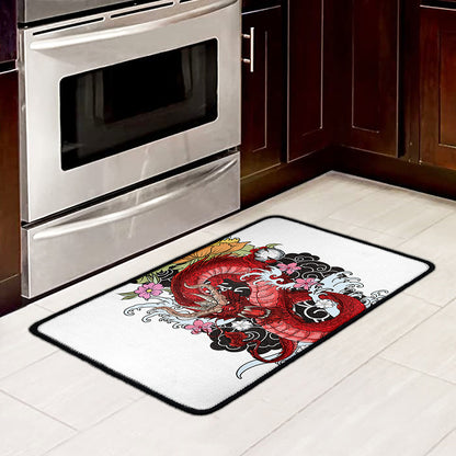 Red Japanese Dragon Tattoo Print Kitchen Mat