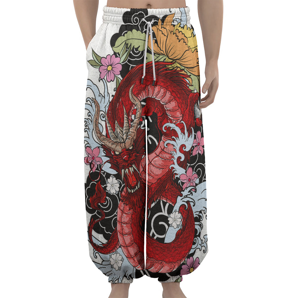 Red Japanese Dragon Tattoo Print Lantern Pants