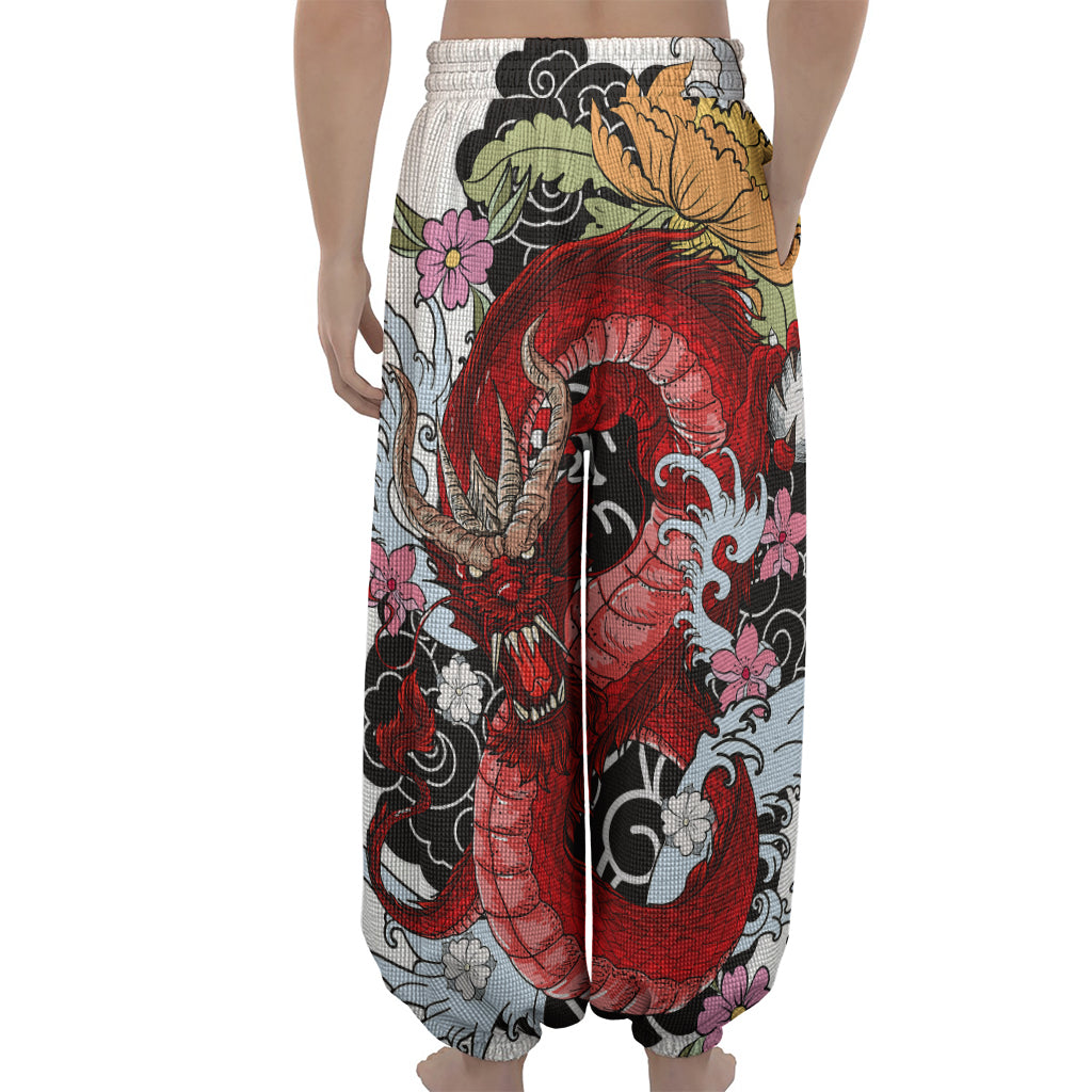 Red Japanese Dragon Tattoo Print Lantern Pants