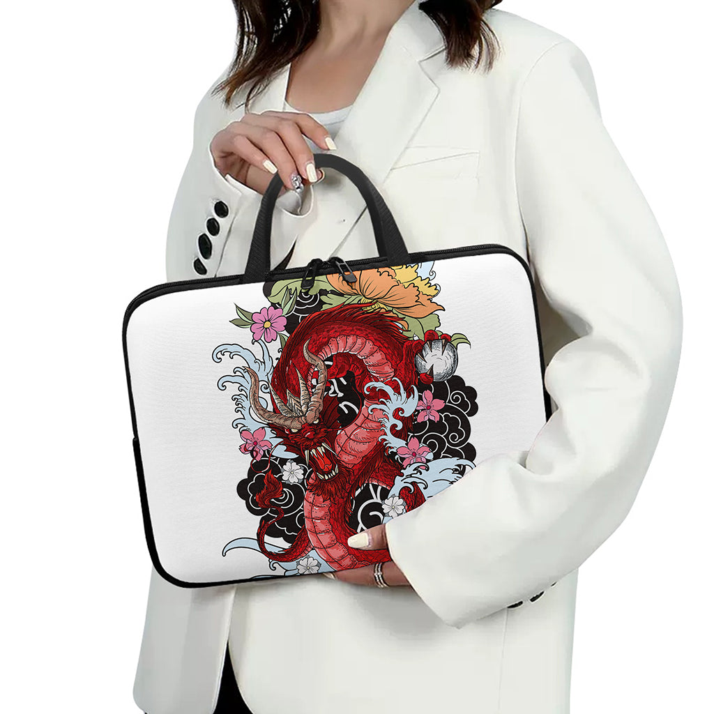 Red Japanese Dragon Tattoo Print Laptop Sleeve With Handle