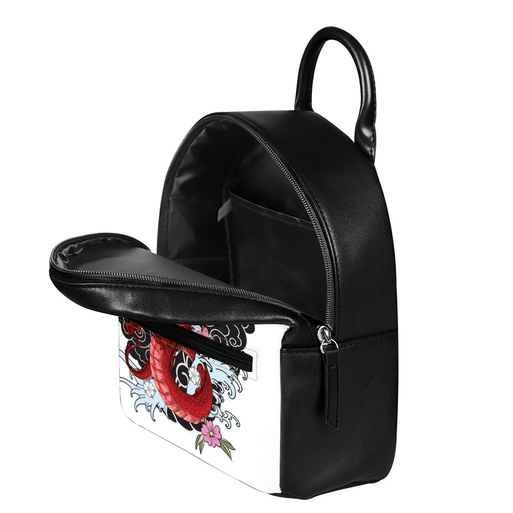 Red Japanese Dragon Tattoo Print Leather Backpack