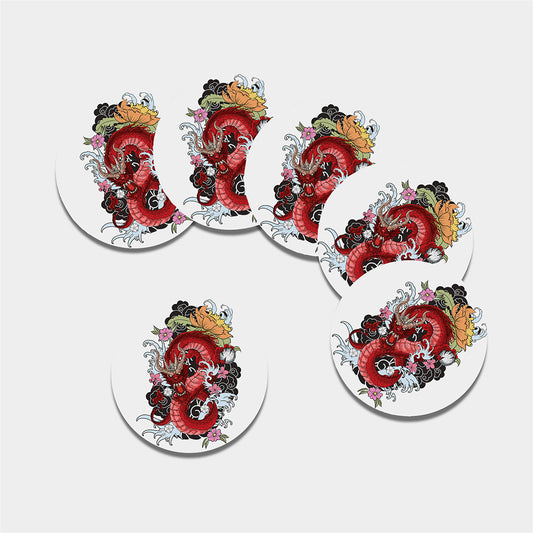 Red Japanese Dragon Tattoo Print Leather Coaster Set