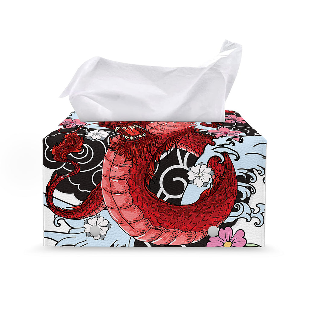 Red Japanese Dragon Tattoo Print Leather Tissue Box Cover