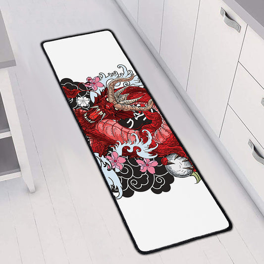 Red Japanese Dragon Tattoo Print Long Kitchen Mat