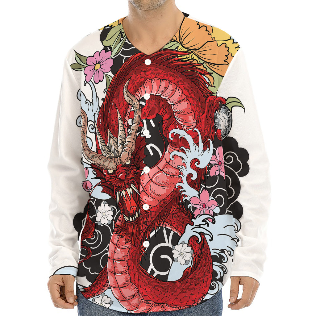 Red Japanese Dragon Tattoo Print Long Sleeve Baseball Jersey