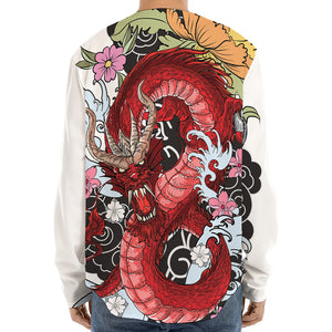 Red Japanese Dragon Tattoo Print Long Sleeve Baseball Jersey