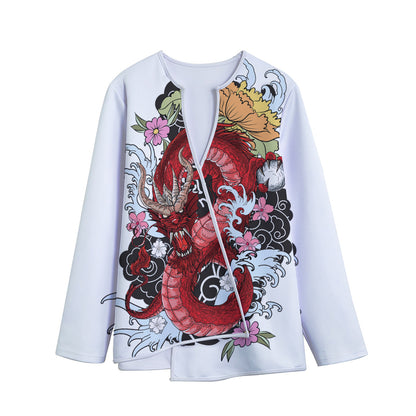Red Japanese Dragon Tattoo Print Long Sleeve Short Coat