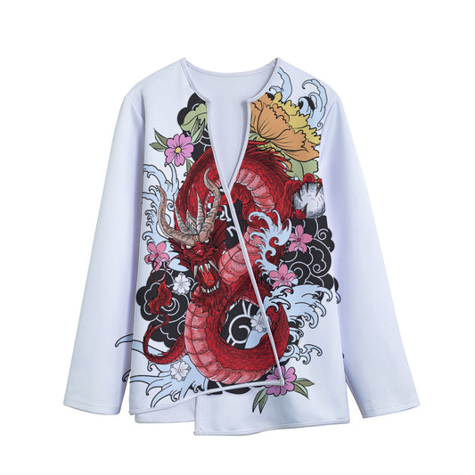 Red Japanese Dragon Tattoo Print Long Sleeve Short Coat