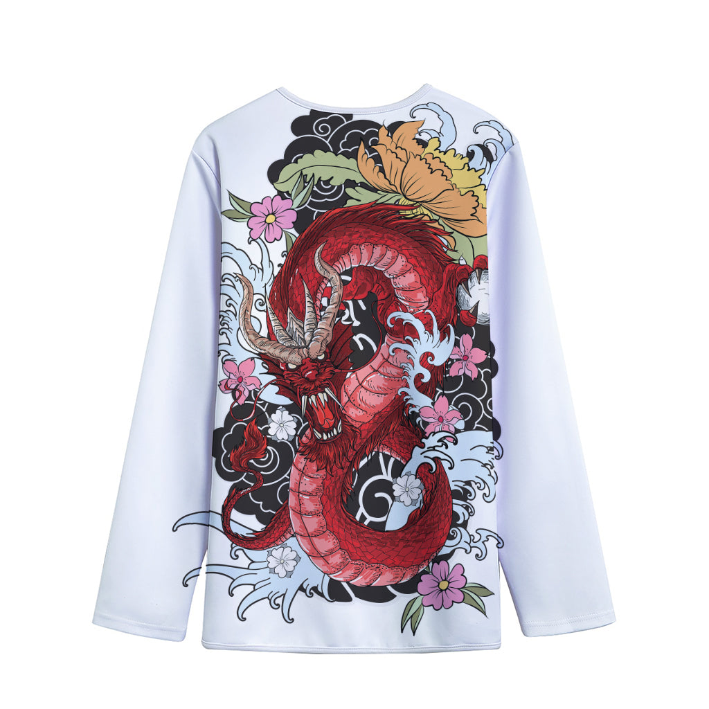 Red Japanese Dragon Tattoo Print Long Sleeve Short Coat
