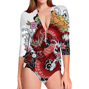 Red Japanese Dragon Tattoo Print Long Sleeve Swimsuit