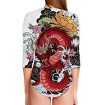 Red Japanese Dragon Tattoo Print Long Sleeve Swimsuit