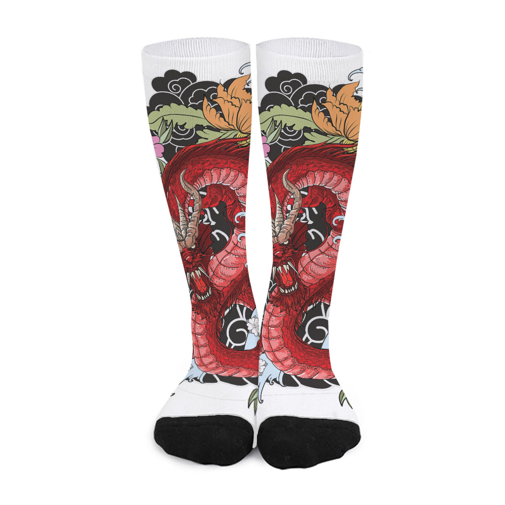 Red Japanese Dragon Tattoo Print Long Socks