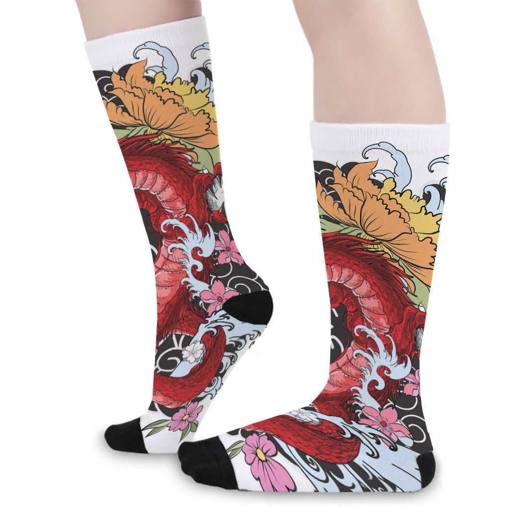 Red Japanese Dragon Tattoo Print Long Socks