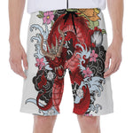 Red Japanese Dragon Tattoo Print Men's Beach Shorts