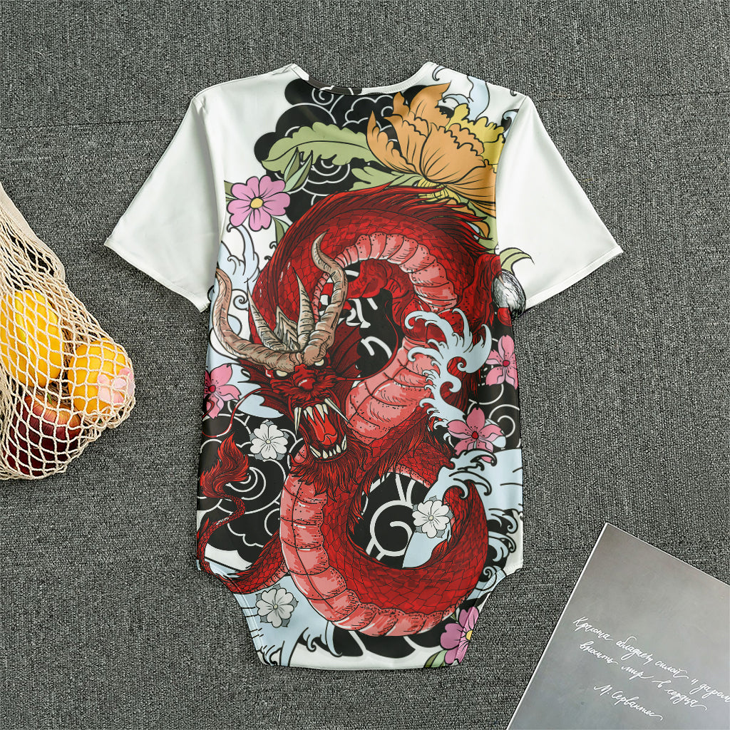 Red Japanese Dragon Tattoo Print Men's Bodysuit