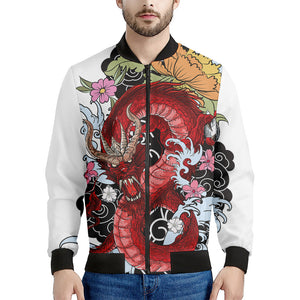 Red Japanese Dragon Tattoo Print Men's Bomber Jacket