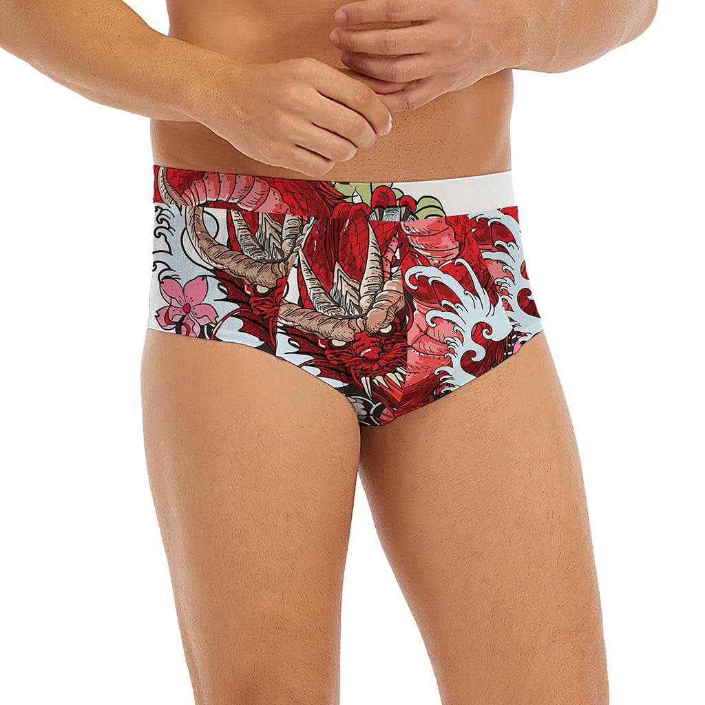 Red Japanese Dragon Tattoo Print Men's Briefs