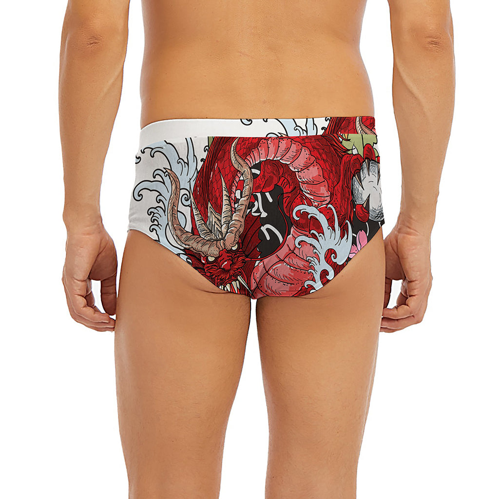 Red Japanese Dragon Tattoo Print Men's Briefs