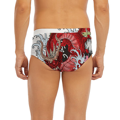Red Japanese Dragon Tattoo Print Men's Briefs