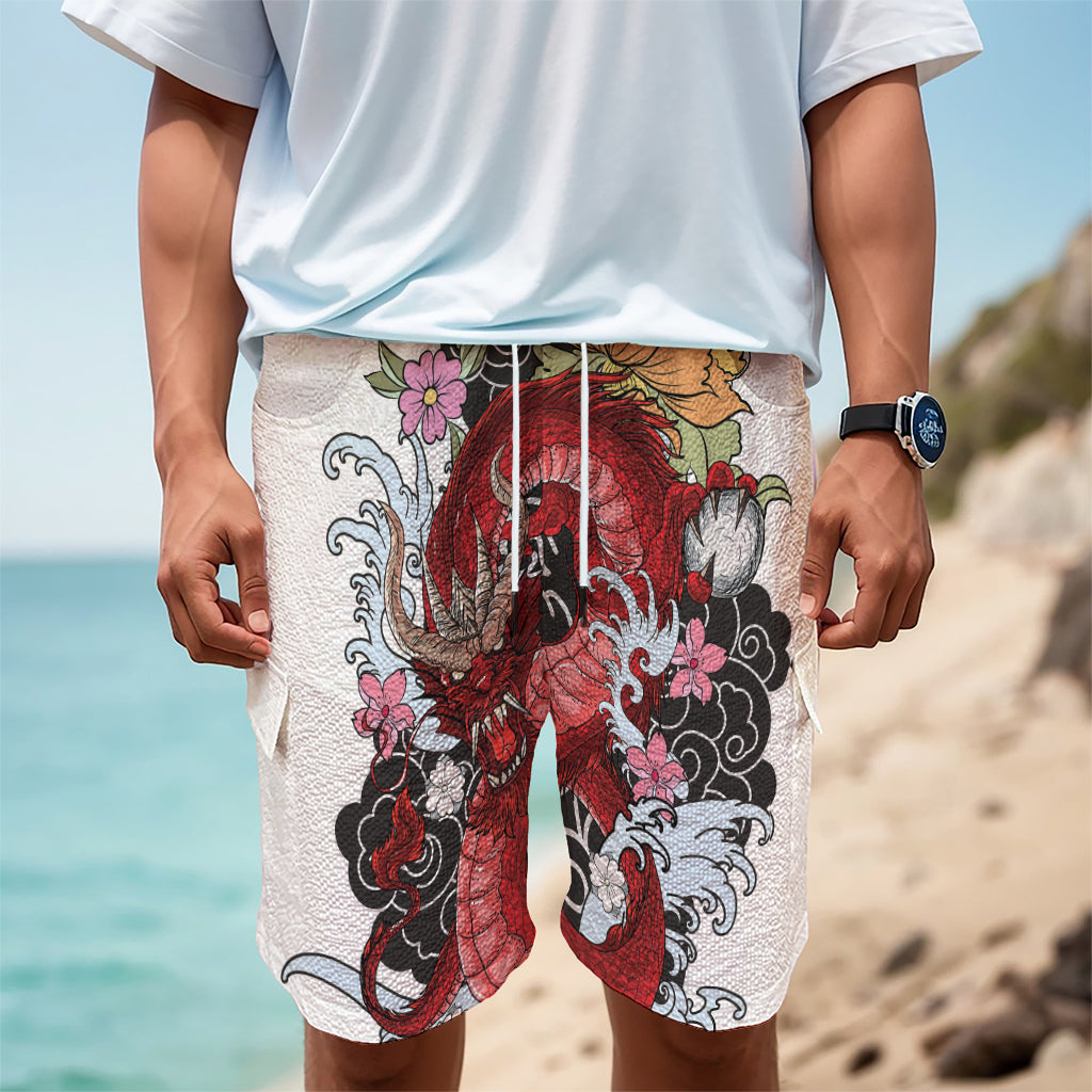 Red Japanese Dragon Tattoo Print Men's Cargo Shorts