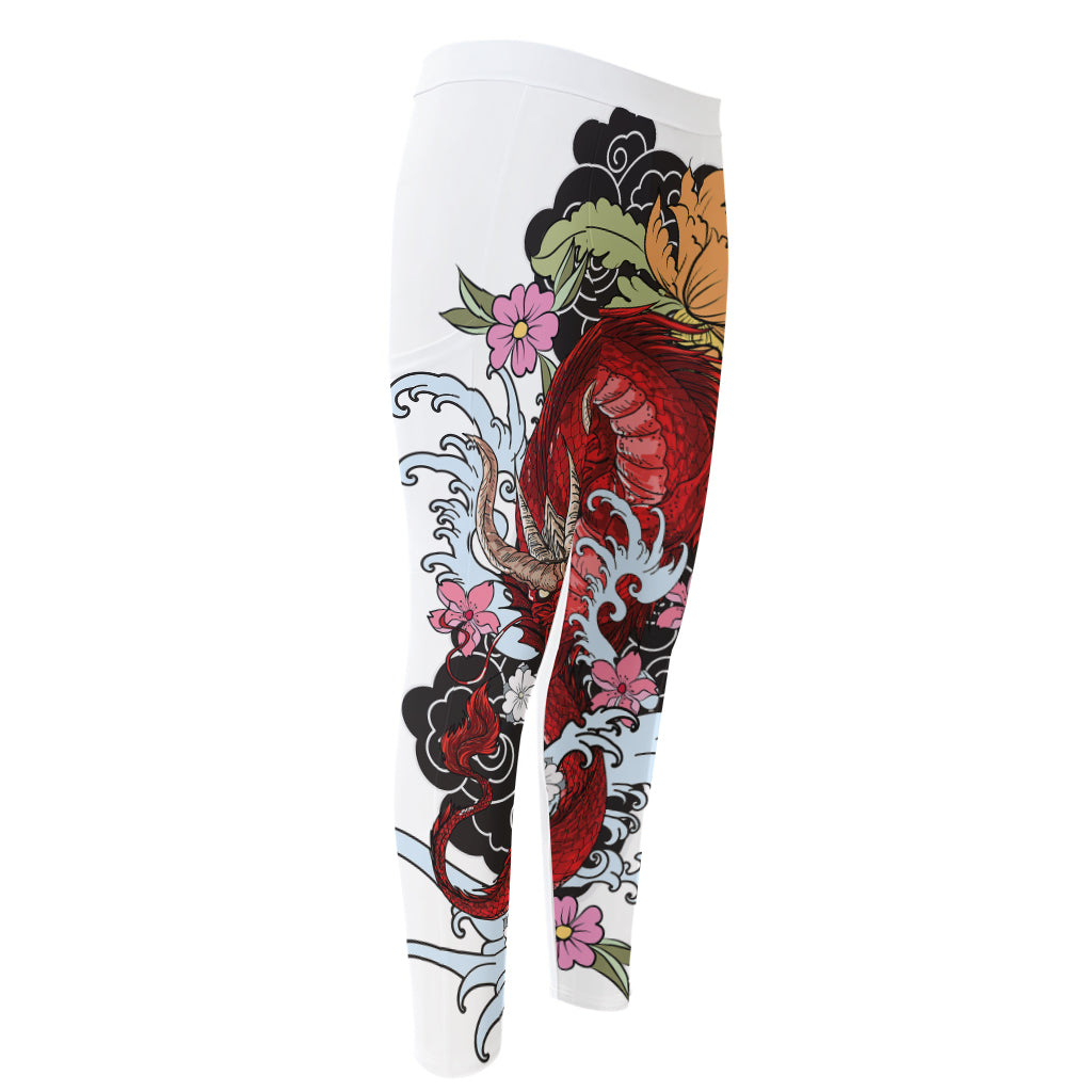 Red Japanese Dragon Tattoo Print Men's Compression Pants