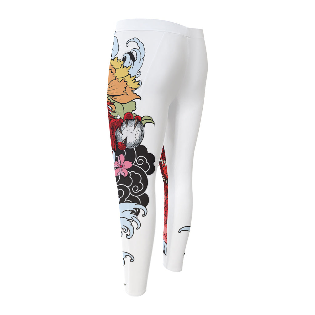 Red Japanese Dragon Tattoo Print Men's Compression Pants