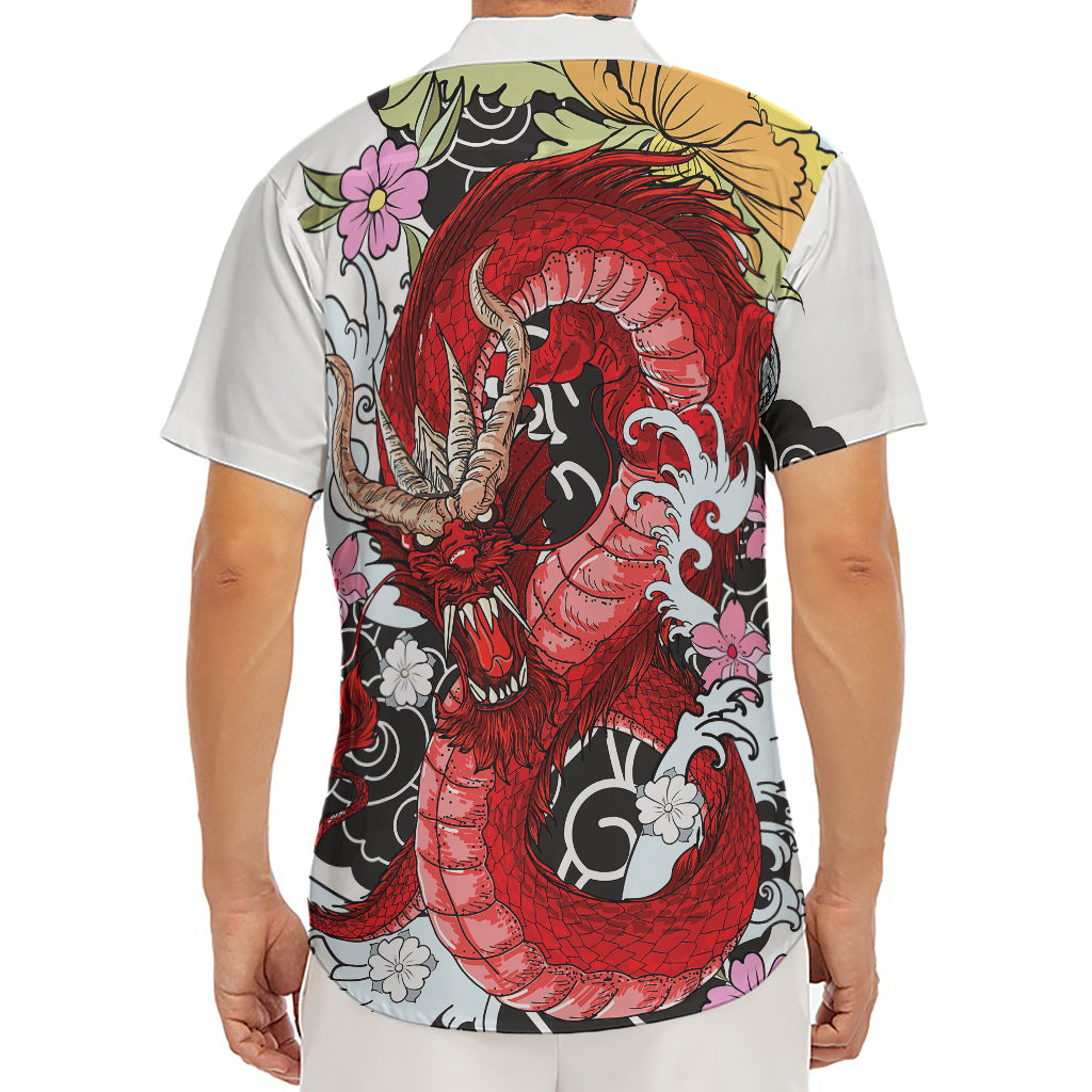 Red Japanese Dragon Tattoo Print Men's Deep V-Neck Shirt