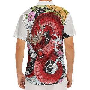 Red Japanese Dragon Tattoo Print Men's Deep V-Neck Shirt