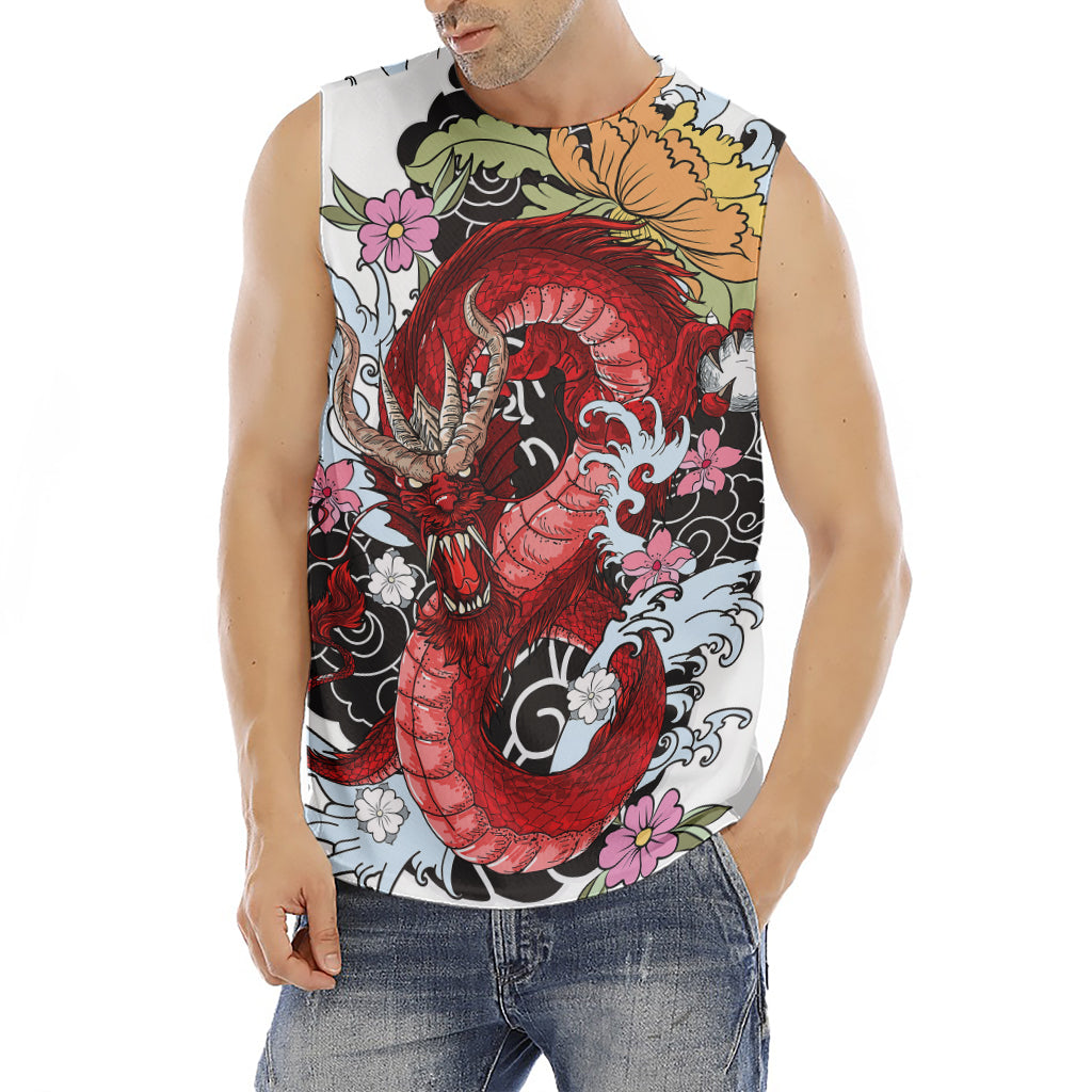 Red Japanese Dragon Tattoo Print Men's Fitness Tank Top