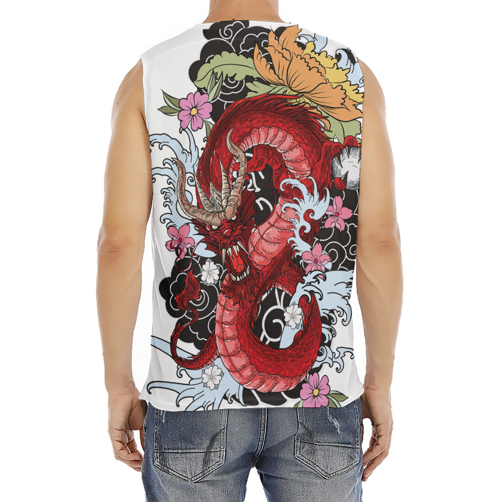 Red Japanese Dragon Tattoo Print Men's Fitness Tank Top