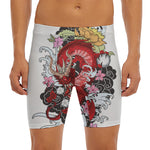 Red Japanese Dragon Tattoo Print Men's Long Boxer Briefs