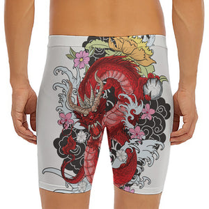 Red Japanese Dragon Tattoo Print Men's Long Boxer Briefs