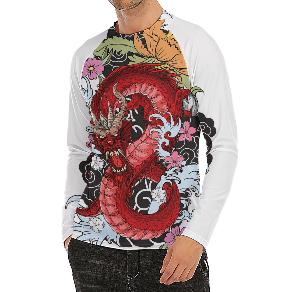 Red Japanese Dragon Tattoo Print Men's Long Sleeve Rash Guard