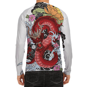 Red Japanese Dragon Tattoo Print Men's Long Sleeve Rash Guard