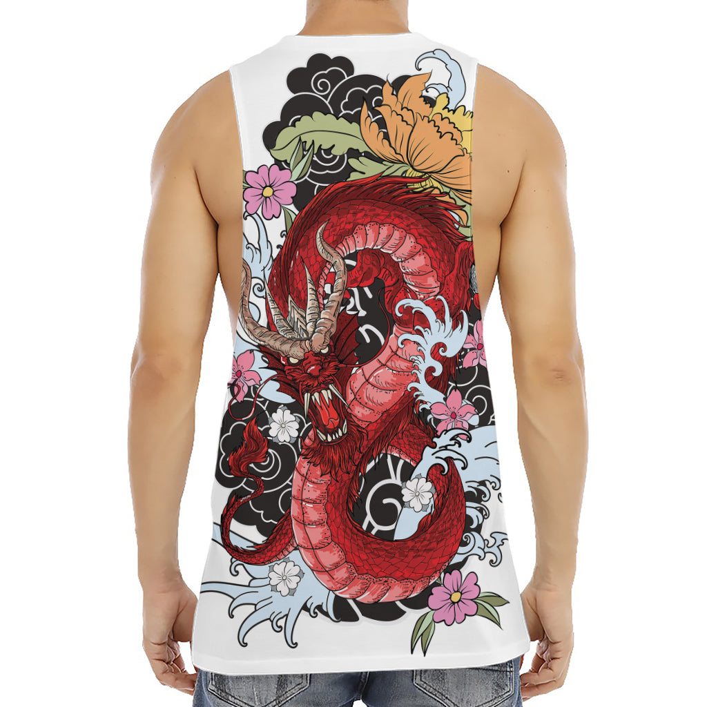 Red Japanese Dragon Tattoo Print Men's Muscle Tank Top