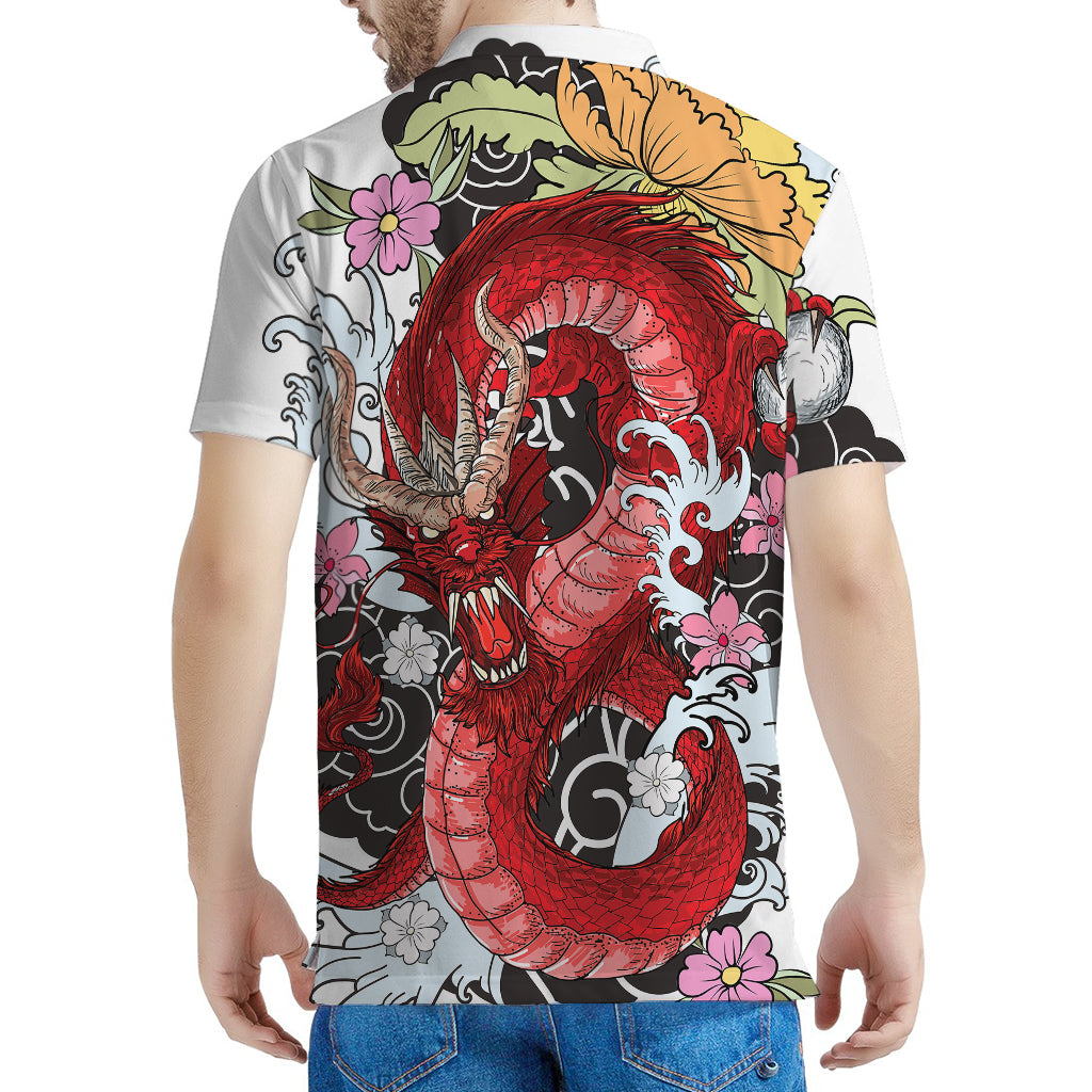 Red Japanese Dragon Tattoo Print Men's Polo Shirt