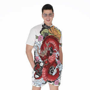 Red Japanese Dragon Tattoo Print Men's Rompers