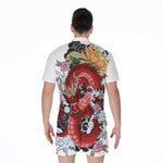 Red Japanese Dragon Tattoo Print Men's Rompers