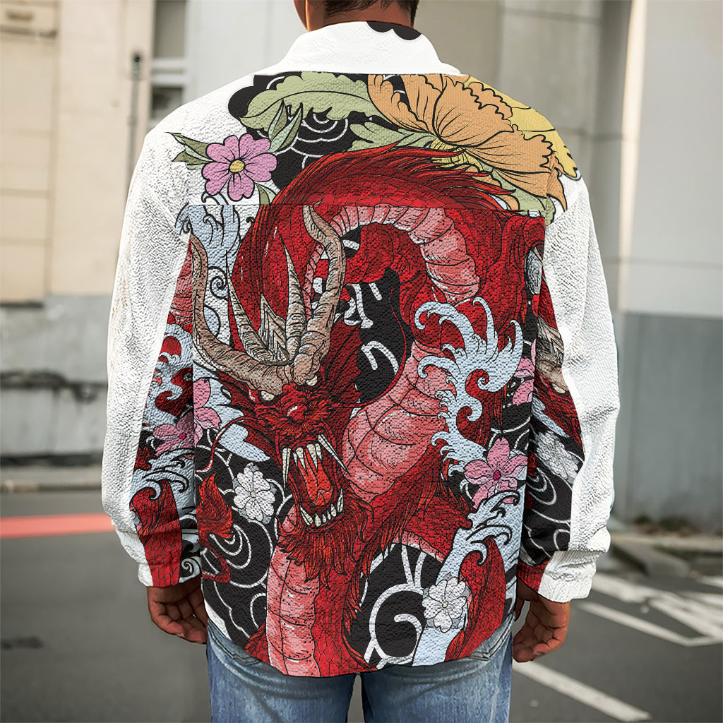 Red Japanese Dragon Tattoo Print Men's Shirt Jacket