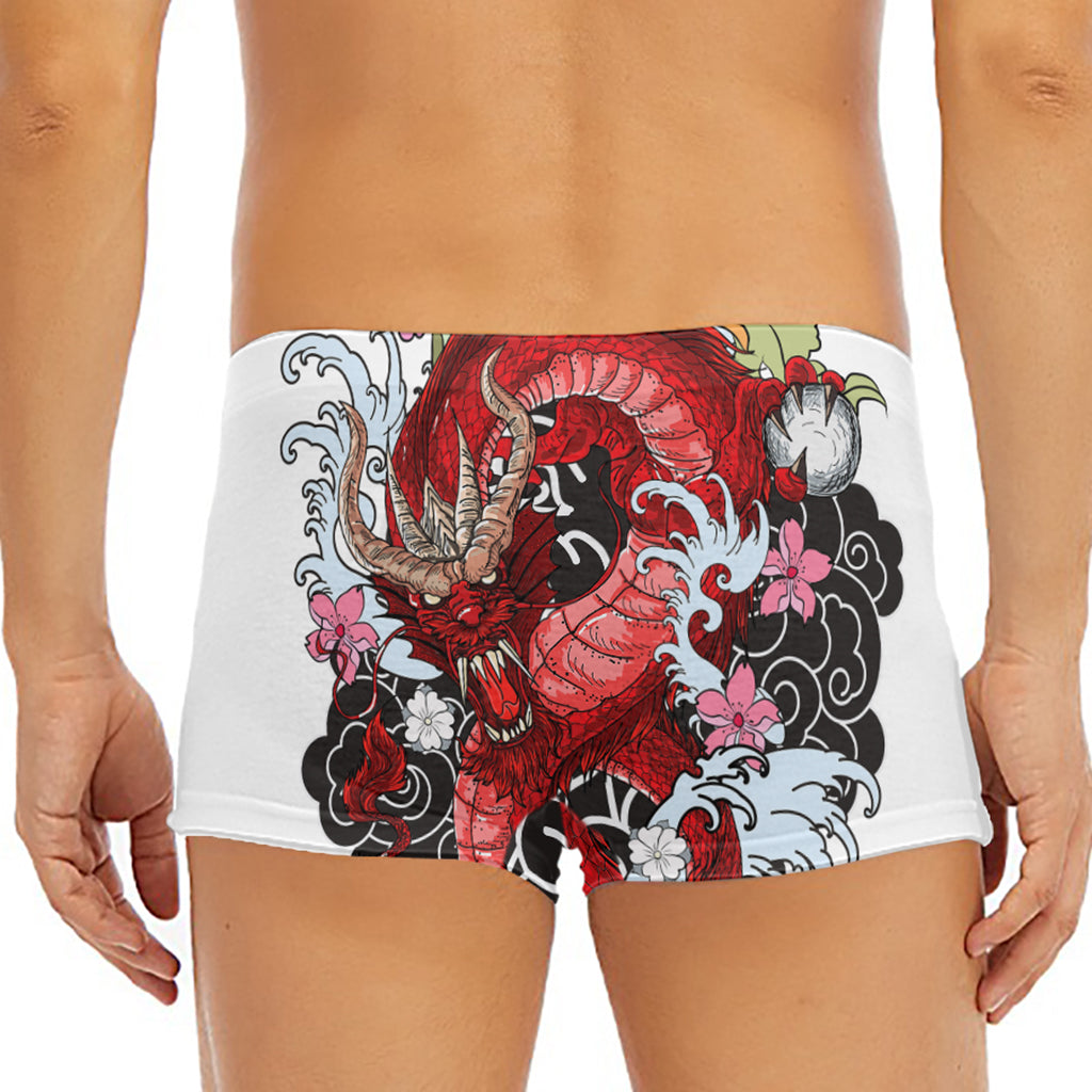 Red Japanese Dragon Tattoo Print Men's Short Boxer Briefs