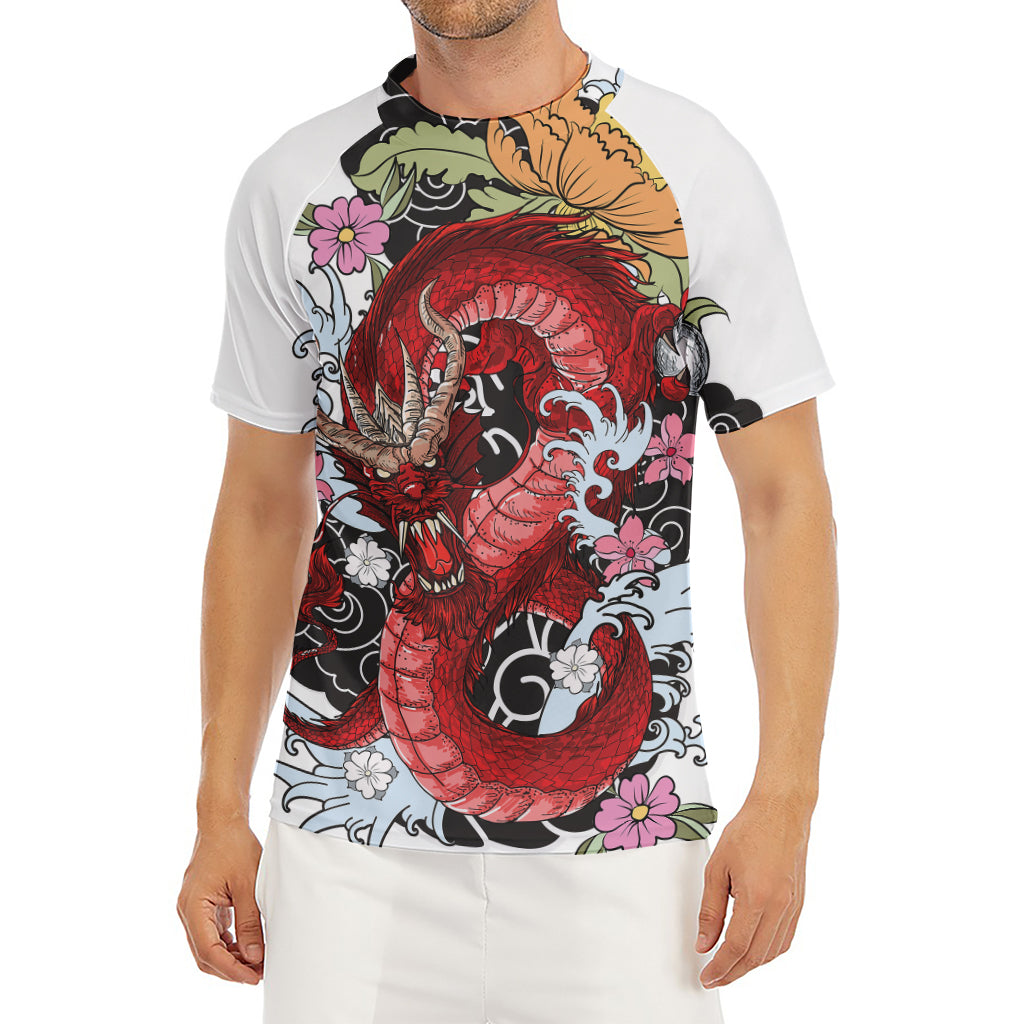 Red Japanese Dragon Tattoo Print Men's Short Sleeve Rash Guard