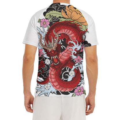 Red Japanese Dragon Tattoo Print Men's Short Sleeve Rash Guard