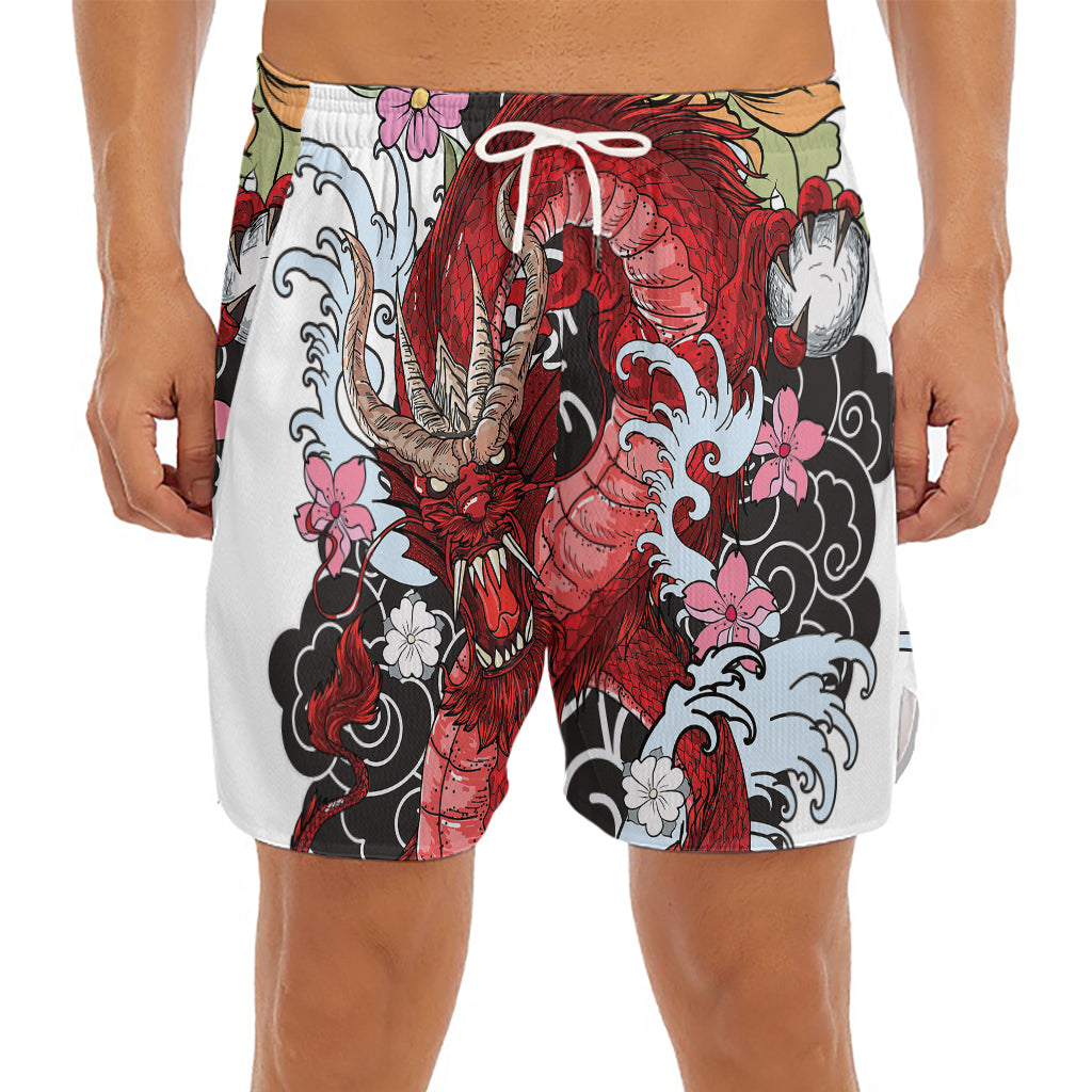 Red Japanese Dragon Tattoo Print Men's Split Running Shorts