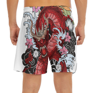 Red Japanese Dragon Tattoo Print Men's Split Running Shorts