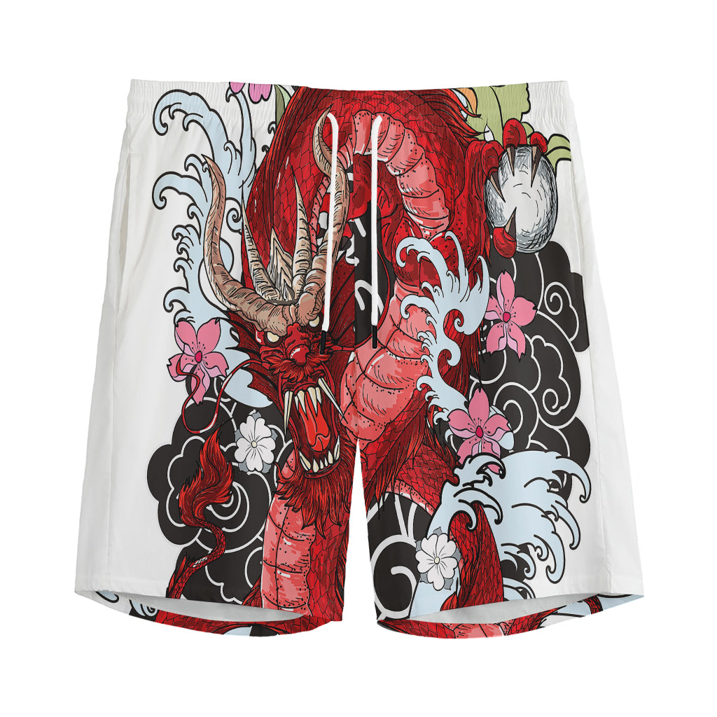 Red Japanese Dragon Tattoo Print Men's Sports Shorts