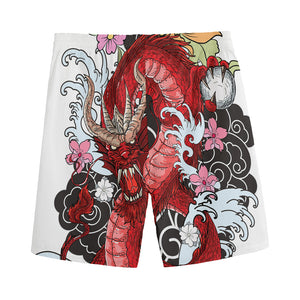 Red Japanese Dragon Tattoo Print Men's Sports Shorts