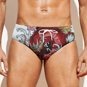 Red Japanese Dragon Tattoo Print Men's Swim Briefs