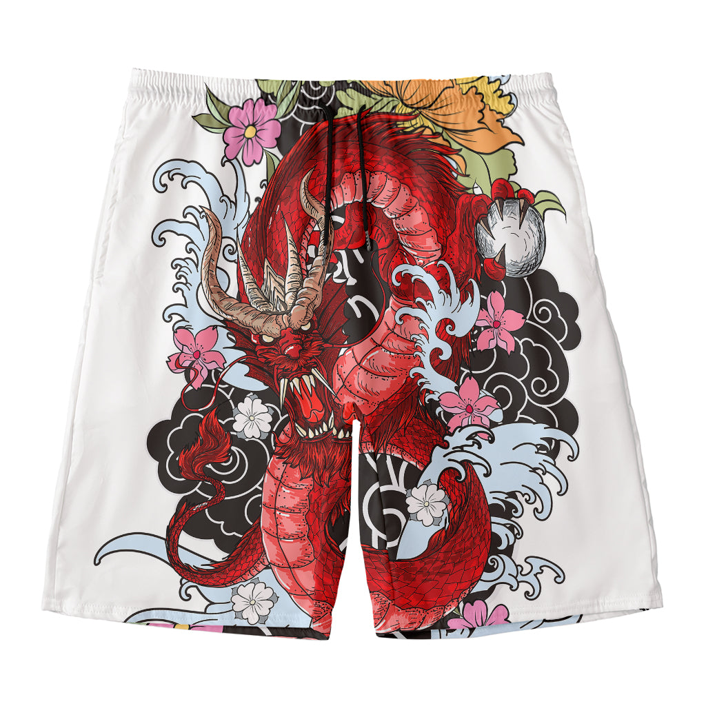 Red Japanese Dragon Tattoo Print Men's Swim Trunks