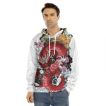 Red Japanese Dragon Tattoo Print Men's Velvet Pullover Hoodie
